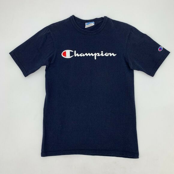 Vintage Champion T Shirt Men's Size S Navy Blue Short Sleeve Spell Out Logo Tee - Picture 2 of 8